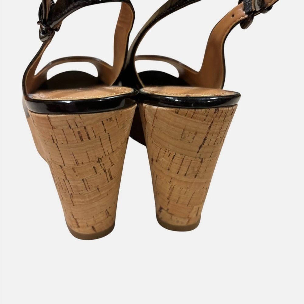 NWOB Coach Ferry Black Patent Leather Peek A Boo Toe Slingback Cork Wedges 8.5B - Picture 7 of 10